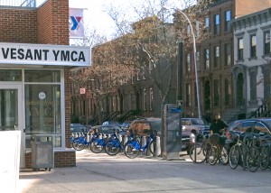 Citibike station; brownstones; YMCA